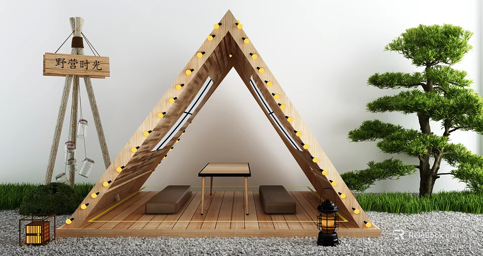Wooden Triangle Tent with String Lights Wooden Floor Small Table Benches Lantern and Green Plants 3d model 