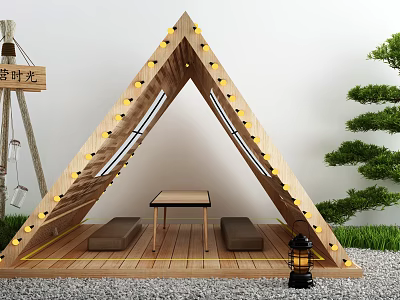 Wooden Triangle Tent with String Lights Wooden Floor Small Table Benches Lantern and Green Plants 3d model