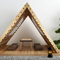 Wooden Triangle Tent with String Lights Wooden Floor Small Table Benches Lantern and Green Plants