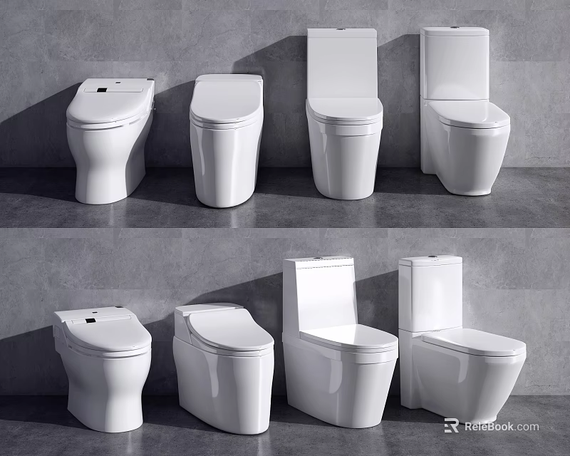 White Modern Toilets in Various Styles with Ceramic Finish and Gray Background 3d model 
