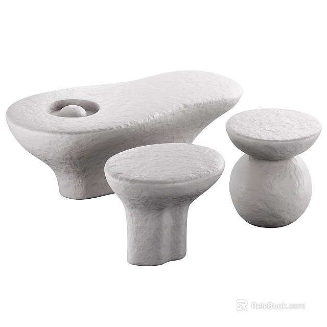 White Minimalist Coffee Table Set With Rough Texture And Various Shapes 3d model