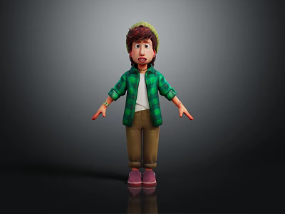 3D Character In Green Plaid Shirt And Green Beanie With Surprised Expression On Black Background 3d model