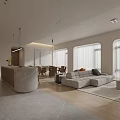 Warm Minimalist Open Concept Living And Dining Room Interior Design With Stone Kitchen Island