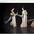 Women in Traditional Clothing with Elegant Poses Holding Fans and Scrolls and Flowing Skirts