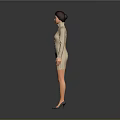 Woman In Beige High Neck Long Sleeve Dress Short Dark Hair Blue Shoes Gray Background
