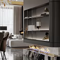 Elegant Living and Dining Room Interior With Chandelier Green Sofa Marble Floor and Floor-to-Ceiling Windows