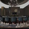 Luxury Chinese Style Private Dining Room With Round Table Blue Chairs Wooden Panels And Chandelier