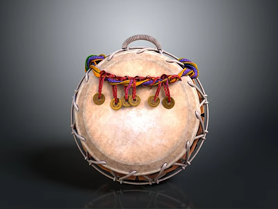 Traditional Hand Drum Featuring Natural Drumhead Decorative Metal Rings And Colorful Strings 3d model