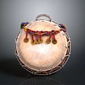 Traditional Hand Drum Featuring Natural Drumhead Decorative Metal Rings And Colorful Strings