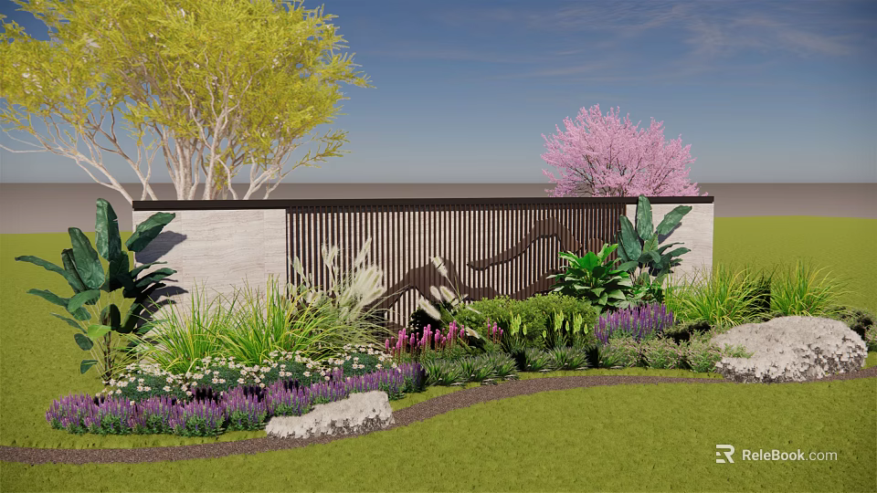 Garden Wall Surrounded By Green Plants Yellow Trees And Pink Flowering Herbs With Stones 3d model 