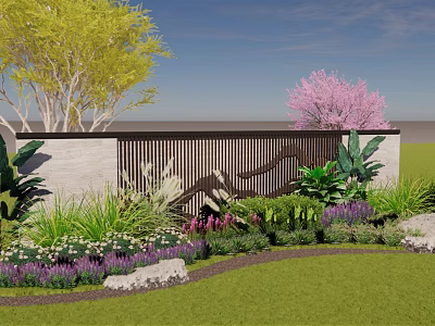 Garden Wall Surrounded By Green Plants Yellow Trees And Pink Flowering Herbs With Stones 3d model