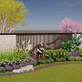 Garden Wall Surrounded By Green Plants Yellow Trees And Pink Flowering Herbs With Stones