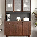 Wooden Sideboard With Glass Doors Tableware Coffee Machine And Plant In Modern Interior