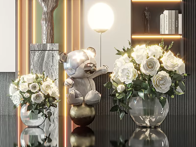 Glass Vases With White Roses And Koala Figurine On Black Glossy Table 3d model