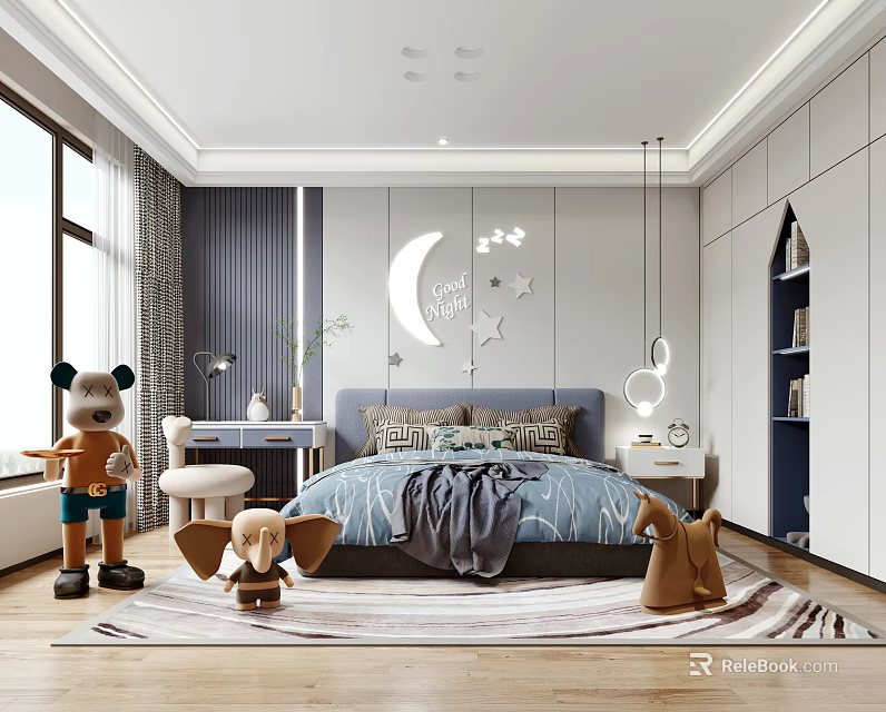 Kids Bedroom Interior With Moon Star Decor Stuffed Toys Bed Rug And Bookshelf 3d model 