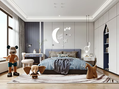 Kids Bedroom Interior With Moon Star Decor Stuffed Toys Bed Rug And Bookshelf 3d model