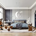 Kids Bedroom Interior With Moon Star Decor Stuffed Toys Bed Rug And Bookshelf