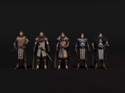Five Armored Male Game and Movie Characters Standing in a Row Against Black Background 3d model