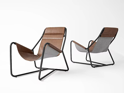 Modern Leisure Chairs with Brown Leather Gray Fabric and Black Metal Frame Design 3d model