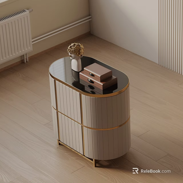 Modern Bedside Table With Gold Accents Black Top Drawers And Decorative Vase 3d model 