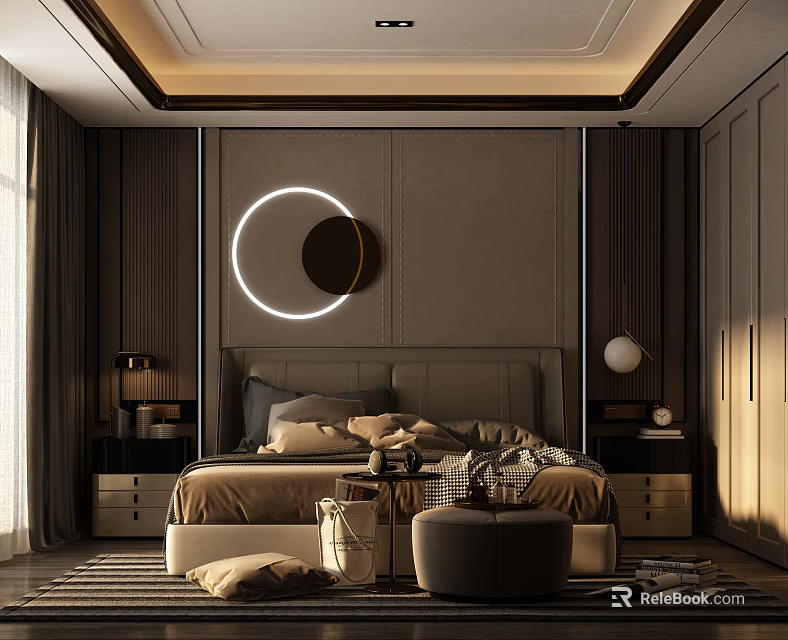 Modern Bedroom Interior With Dark Wooden Walls Circular Illuminated Decor And Round Ottoman 3d model 