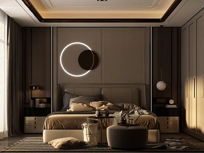 Modern Bedroom Interior With Dark Wooden Walls Circular Illuminated Decor And Round Ottoman 3d model