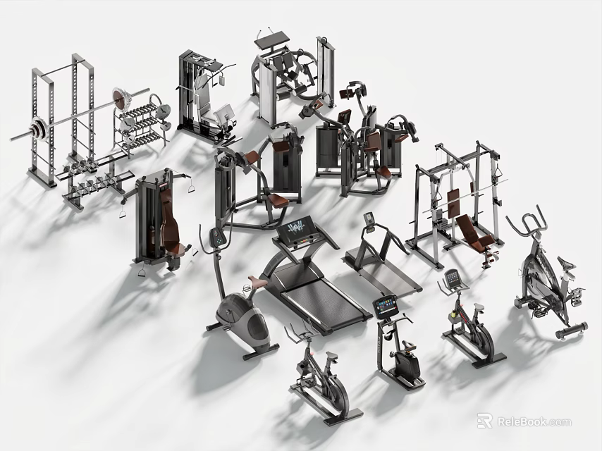 Various Sports Equipment Including Treadmill Exercise Bike Barbell Rack Weight Machine For Fitness Training 3d model 