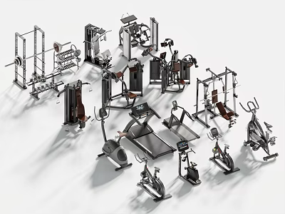Various Sports Equipment Including Treadmill Exercise Bike Barbell Rack Weight Machine For Fitness Training 3d model