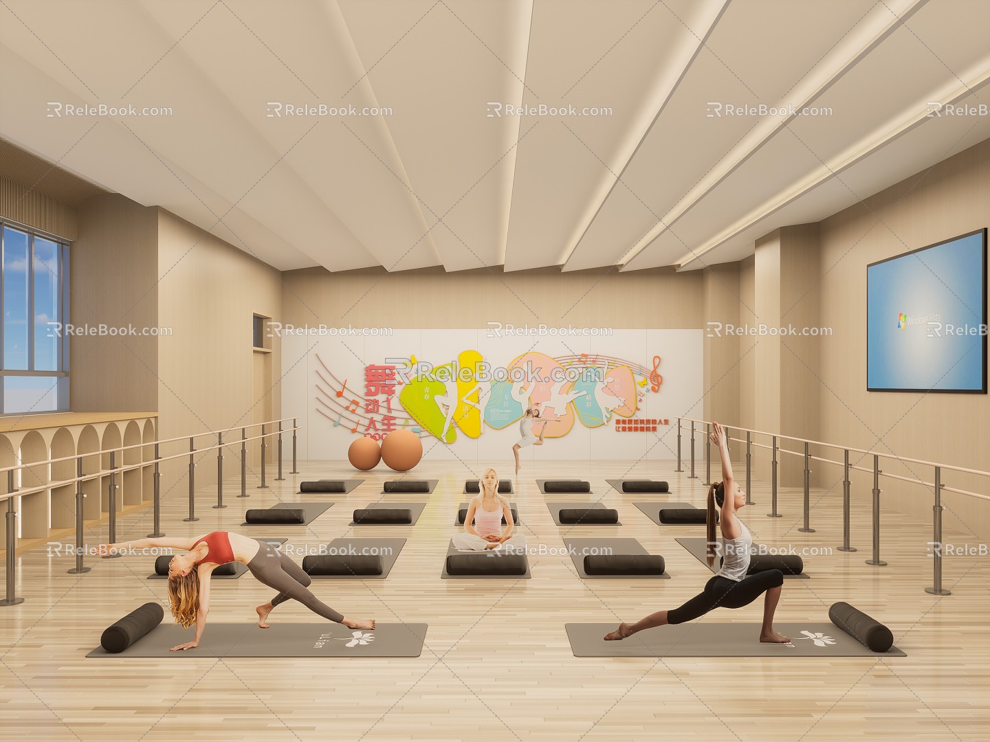 Modern Yoga Studio Yoga Studio Dance Studio Fitness Room Practice Room Yoga Mat Yoga Ball Dance Action Wall Decoration 3d model