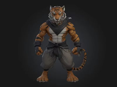 Tiger Humanoid Warrior 3D Fantasy Character With Muscular Body Ninja Outfit And Standing Pose 3d model