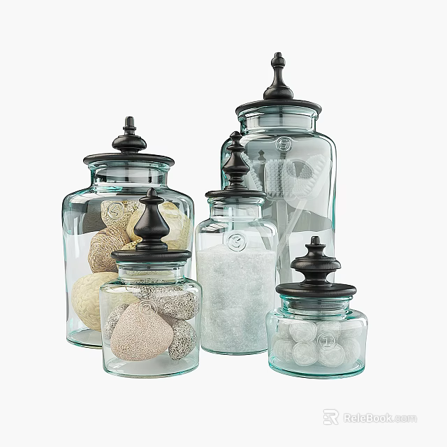 Shower Sauna Various Size Glass Jars With Black Lids Containing Bath Bombs Salts 3d model 