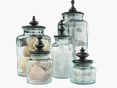 Shower Sauna Various Size Glass Jars With Black Lids Containing Bath Bombs Salts 3d model