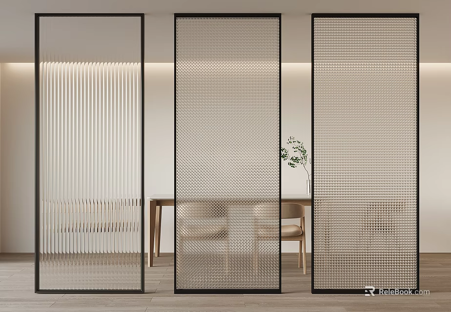 Modern Perforated Room Partitions In Stylish Dining Space With Wooden Chairs And Green Plant 3d model 