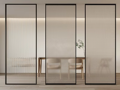 Modern Perforated Room Partitions In Stylish Dining Space With Wooden Chairs And Green Plant 3d model