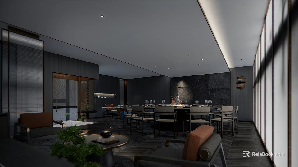 Elegant Modern Chinese Private Box With Dining Table Sofa And Decorative Wall 3d model