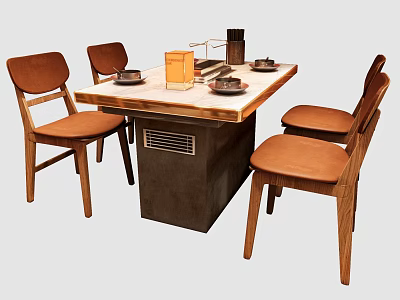 Modern Dining Table Set With Four Wooden Chairs Orange Upholstered Seats And Marble Top 3d model