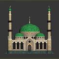 Islamic Mosque 3D Model With Green Dome Small Domes And Minarets 3d model