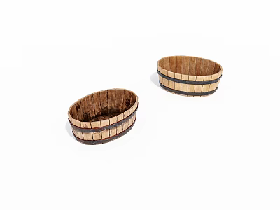 Two Oval Shaped Wooden Barrels With Striped Details On White Background 3d model
