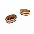Two Oval Shaped Wooden Barrels With Striped Details On White Background