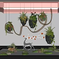 Stylish Indoor Landscape With Hanging Plants Grid Wall And White Deer Statue 3d model