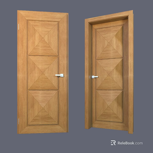 Classic Wooden Hinged Doors With Intricate Geometric Pattern And Silver Handles 3d model