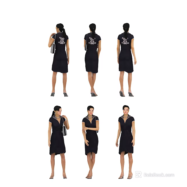 A Woman Wearing Black Dress With Handbag In Multiple Standing Poses 3d model 