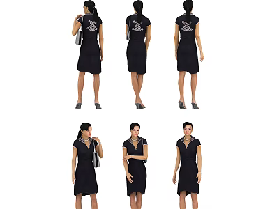 A Woman Wearing Black Dress With Handbag In Multiple Standing Poses 3d model