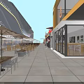 Modern Commercial Street Featuring Unique Architecture Coffee Shop Evening Lighting And Reflective Ground