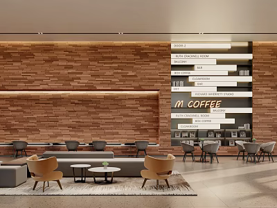 Modern Cafe Interior With Wooden Brick Wall Coffee Menu Board And Cozy Seating Area 3d model