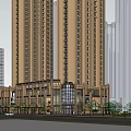Modern High Rise Residential Building With Brown Exterior Ground Floor Entrance And Surrounding Structures