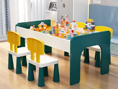 Green White Kids Table with Building Blocks Toys for Children Play Room 3d model