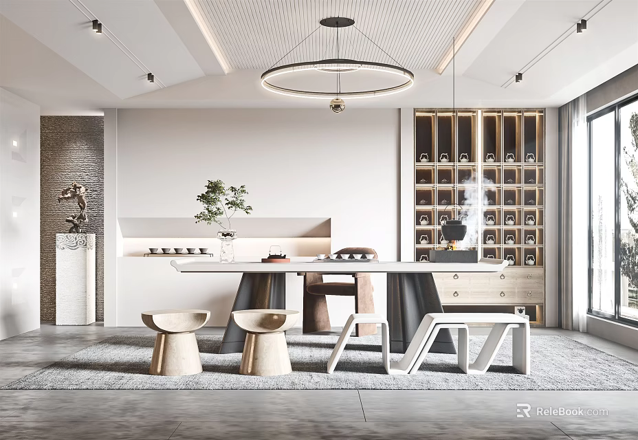 Modern Tea Room Interior With Wooden Shelves Long Table Pendant Light and Potted Plant 3d model 
