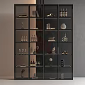Modern Wine Cabinet With Layered Shelves Holding Wine Bottles Glasses And Decorative Items