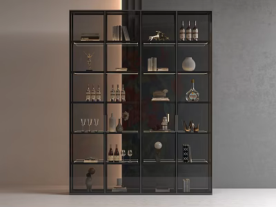 Modern Wine Cabinet With Layered Shelves Holding Wine Bottles Glasses And Decorative Items 3d model